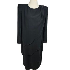 Vintage 80s Ursula of Switzerland Black Tiered Chiffon Beaded Dress Sz 12 USA